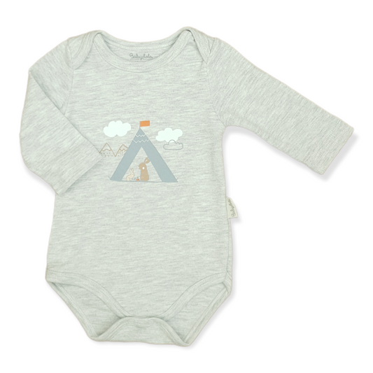 Organic Cotton Grey Rabbit Camp Unisex Body-Body, Bodysuit, Boy, catboy, catgirl, catunisex, Cloud, Creeper, Girl, Grey, Long Sleeve, Mountain, Onesie, Organic, Rabbit, Snow, Tent, Unisex-Babydola-[Too Twee]-[Tootwee]-[baby]-[newborn]-[clothes]-[essentials]-[toys]-[Lebanon]