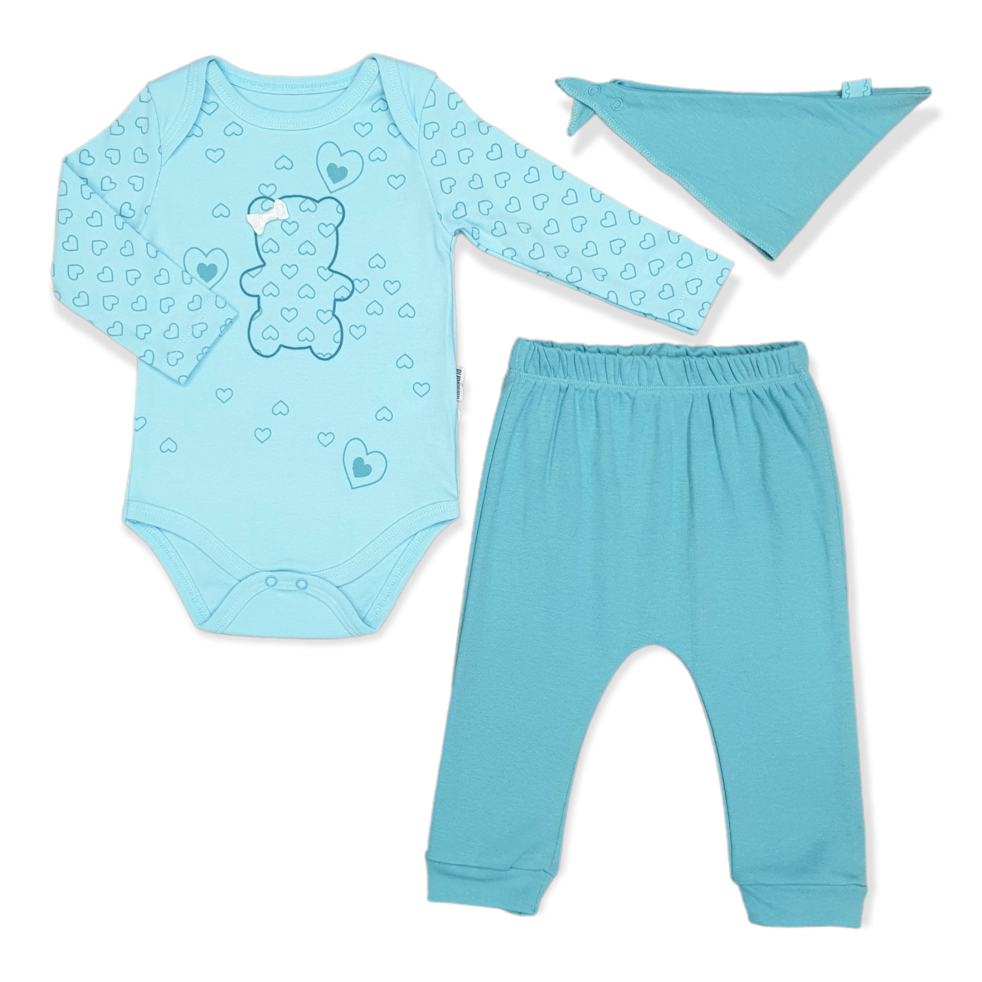 Miniworld - Long Sleeve Blue Bear Hearts Baby Girl Body with Pants and Bib