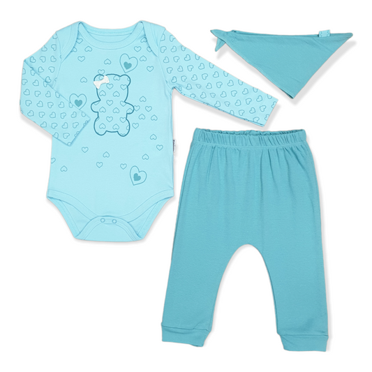 Blue Bear Hearts Baby Girl Body with Pants and Bib-Bear, Bib, Blue, Body, Bodysuit, catgirl, catset3pcs, Creeper, Footless, Girl, Green, Hearts, Light Blue, Long Sleeve, Onesie, Pants-Miniworld-[Too Twee]-[Tootwee]-[baby]-[newborn]-[clothes]-[essentials]-[toys]-[Lebanon]