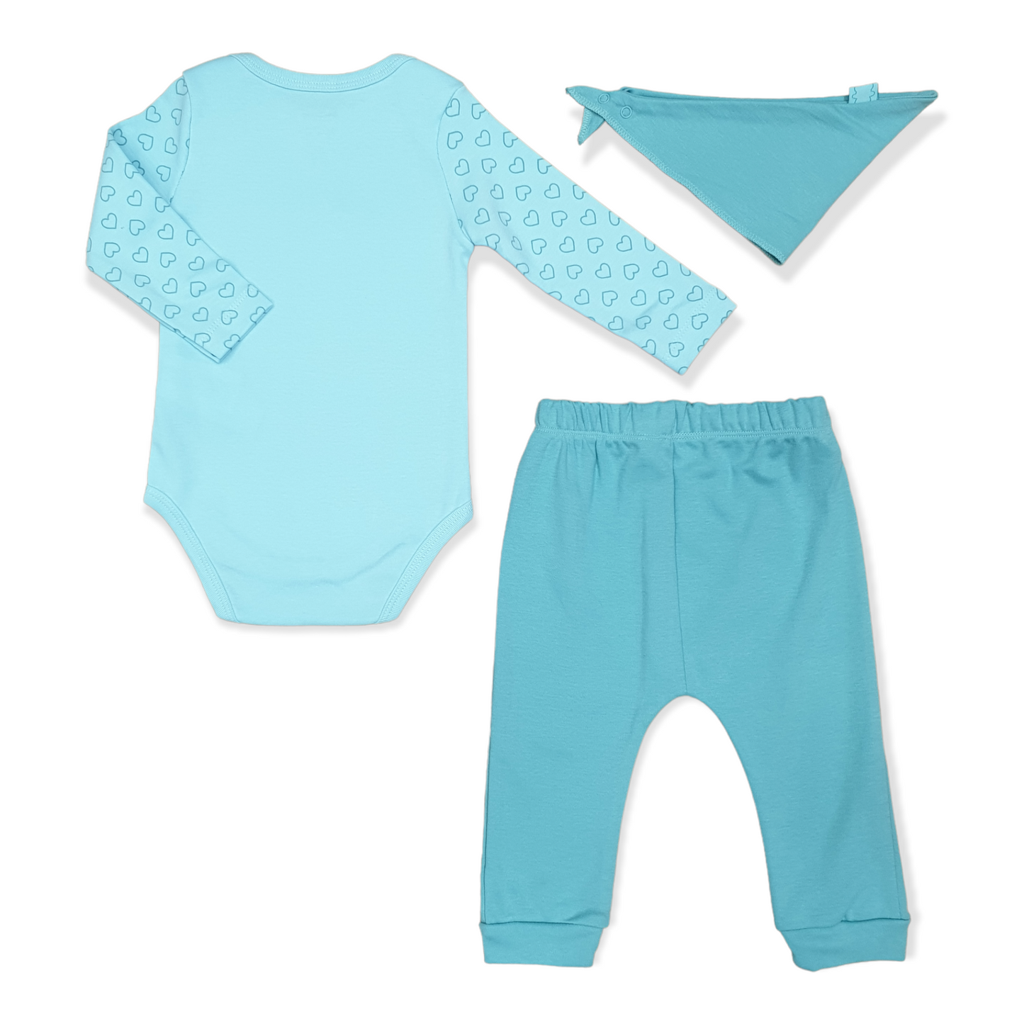 Blue Bear Hearts Baby Girl Body with Pants and Bib-Bear, Bib, Blue, Body, Bodysuit, catgirl, catset3pcs, Creeper, Footless, Girl, Green, Hearts, Light Blue, Long Sleeve, Onesie, Pants-Miniworld-[Too Twee]-[Tootwee]-[baby]-[newborn]-[clothes]-[essentials]-[toys]-[Lebanon]