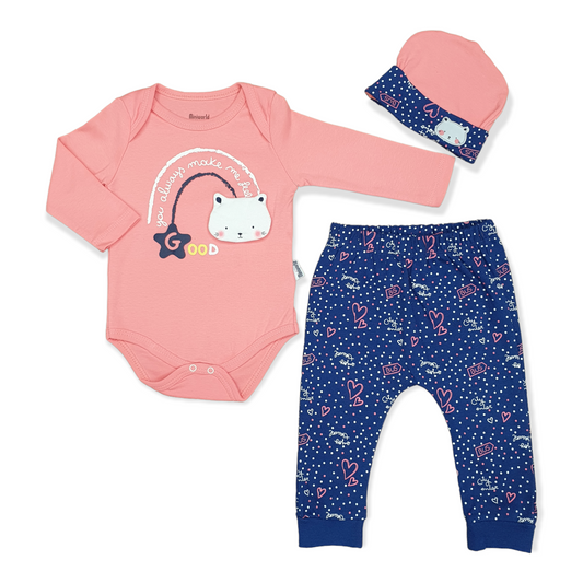 Feel Good Baby Girl Body with Pants and Cap-Blue, Body, Bodysuit, Cap, Cat, catgirl, catset3pcs, Creeper, Ears, Face, Feel, Footless, Girl, Good, Hat, Long Sleeve, Onesie, Pants, Pink-Miniworld-[Too Twee]-[Tootwee]-[baby]-[newborn]-[clothes]-[essentials]-[toys]-[Lebanon]