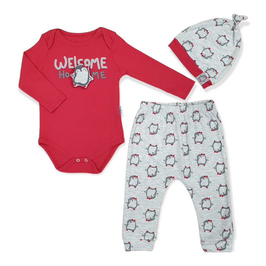 Welcome Home Baby Girl Body with Pants and Cap-Body, Bodysuit, Cap, catgirl, catset3pcs, Creeper, Dance, Footless, Girl, Grey, Hat, Home, Long Sleeve, Onesie, Pants, Penguine, Red, Welcome-Miniworld-[Too Twee]-[Tootwee]-[baby]-[newborn]-[clothes]-[essentials]-[toys]-[Lebanon]