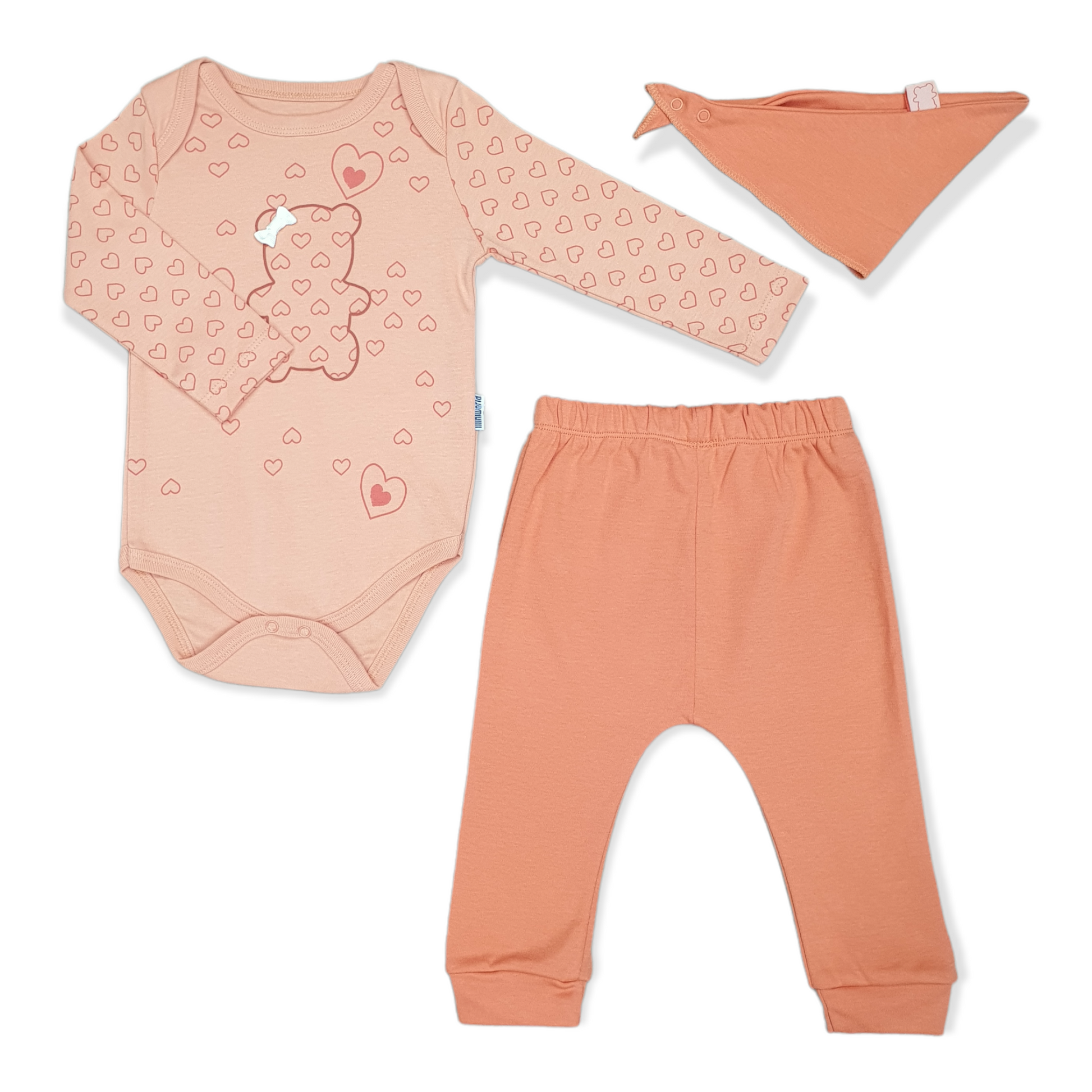 Miniworld - Long Sleeve Orange Bear Hearts Baby Girl Body with Pants and Bib