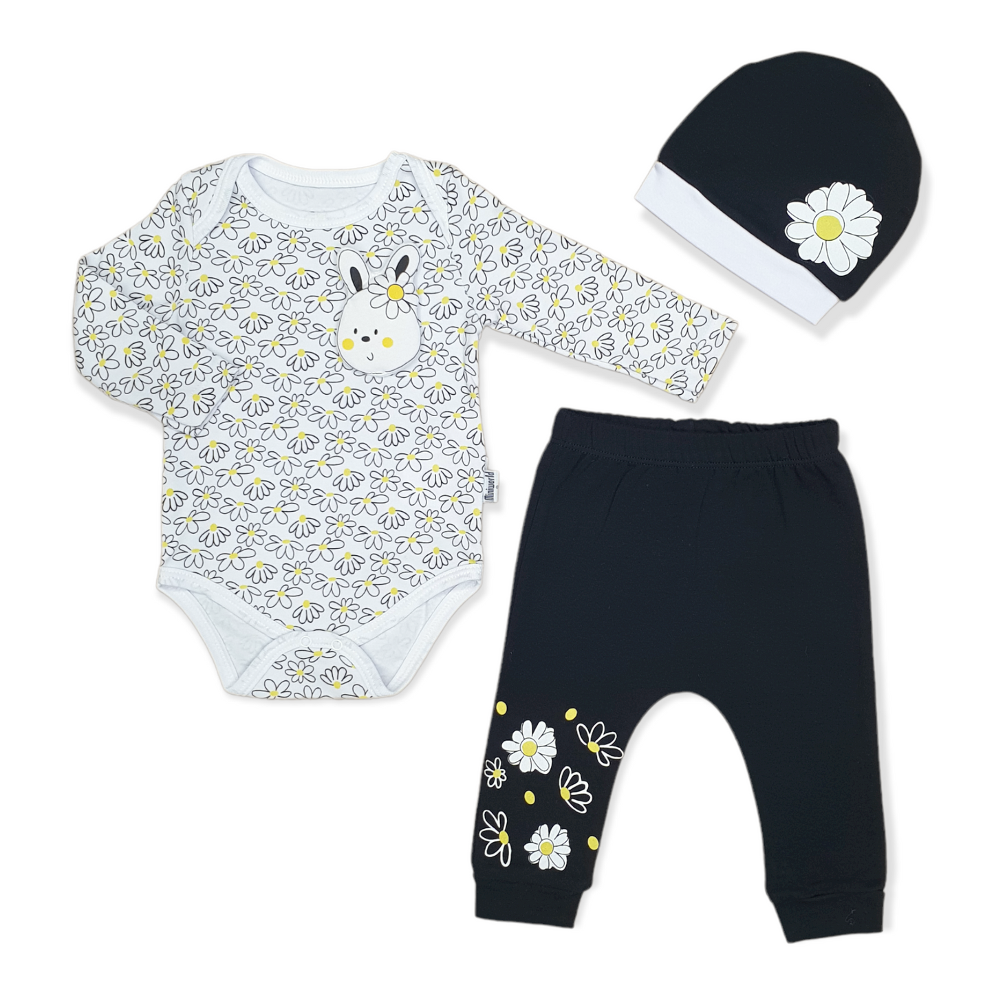 Miniworld - Long Sleeve Flowers and Rabbit Baby Girl Body with Pants and Cap