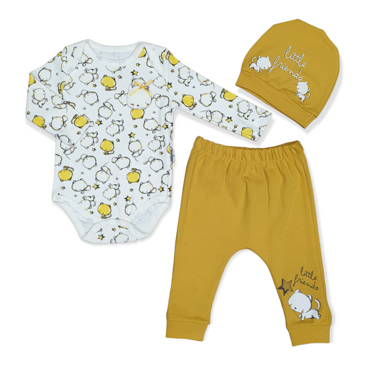 Little Cats Baby Girl Body with Pants and Cap-Body, Bodysuit, Cap, catgirl, Cats, catset3pcs, Creeper, Cute, Face, Footless, Girl, Hat, Little, Long Sleeve, Onesie, Pants, Stars, White, Yellow-Miniworld-[Too Twee]-[Tootwee]-[baby]-[newborn]-[clothes]-[essentials]-[toys]-[Lebanon]