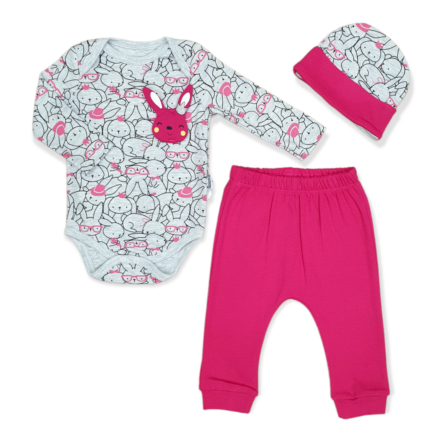 Miniworld - Long Sleeve Little Rabbits Baby Girl Body with Pants and Cap