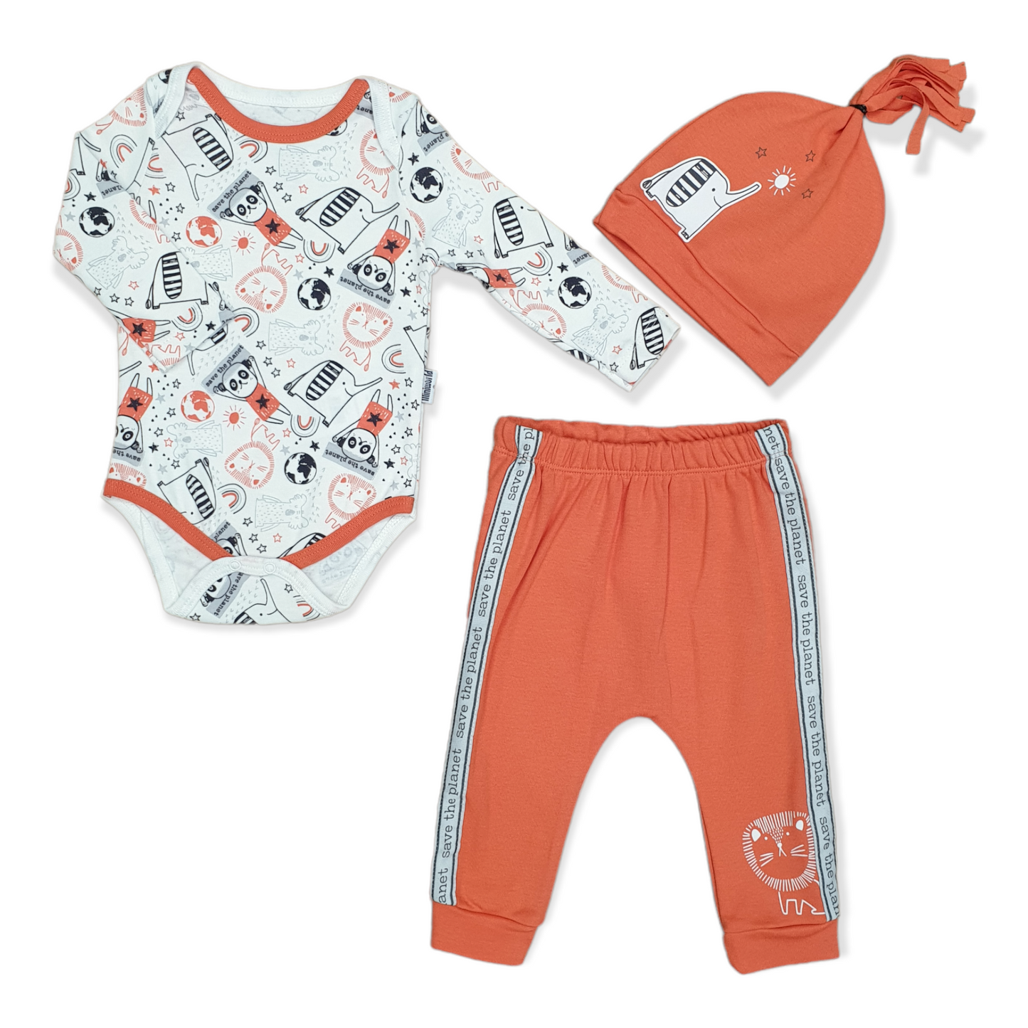 Save The Planet Baby Boy Body with Pants and Cap-Animals, Body, Bodysuit, Boy, Cap, catboy, catset3pcs, Creeper, Earth, Footless, Hat, Long Sleeve, Onesie, Orange, Pants, Planet, Save, White-Miniworld-[Too Twee]-[Tootwee]-[baby]-[newborn]-[clothes]-[essentials]-[toys]-[Lebanon]