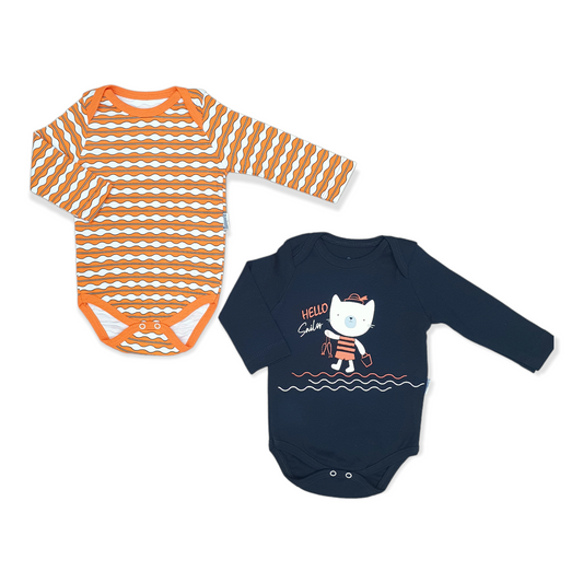 2pcs Hello Sailor Baby Boy Body-Black, Body, Bodysuit, Boy, Cat, catboy, Creeper, Fish, Fishing, Long Sleeve, Ocean, Onesie, Orange, Pattern, Sailor, Sea, Water, White-Miniworld-[Too Twee]-[Tootwee]-[baby]-[newborn]-[clothes]-[essentials]-[toys]-[Lebanon]