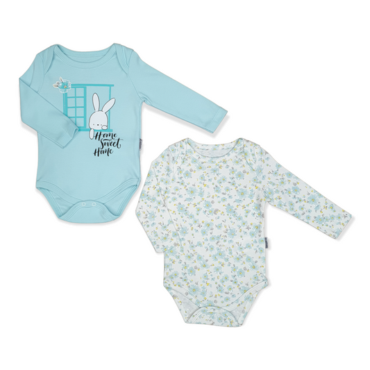 2pcs Home Sweet Home Baby Girl Body-Blue, Body, Bodysuit, catgirl, Creeper, Cyan, Flowers, Girl, Home, Long Sleeve, Onesie, Pattern, Rabbit, Sweet, White, Window-Miniworld-[Too Twee]-[Tootwee]-[baby]-[newborn]-[clothes]-[essentials]-[toys]-[Lebanon]