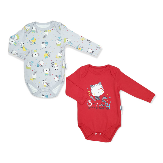 2pcs Red Lets Play Together Unisex Body-Animals, Body, Bodysuit, Boy, Cat, catboy, catgirl, Cats, catunisex, Creeper, Girl, Grey, Long Sleeve, Numbers, Onesie, Panda, Play, Rabbit, Red, Together, Unisex-Miniworld-[Too Twee]-[Tootwee]-[baby]-[newborn]-[clothes]-[essentials]-[toys]-[Lebanon]