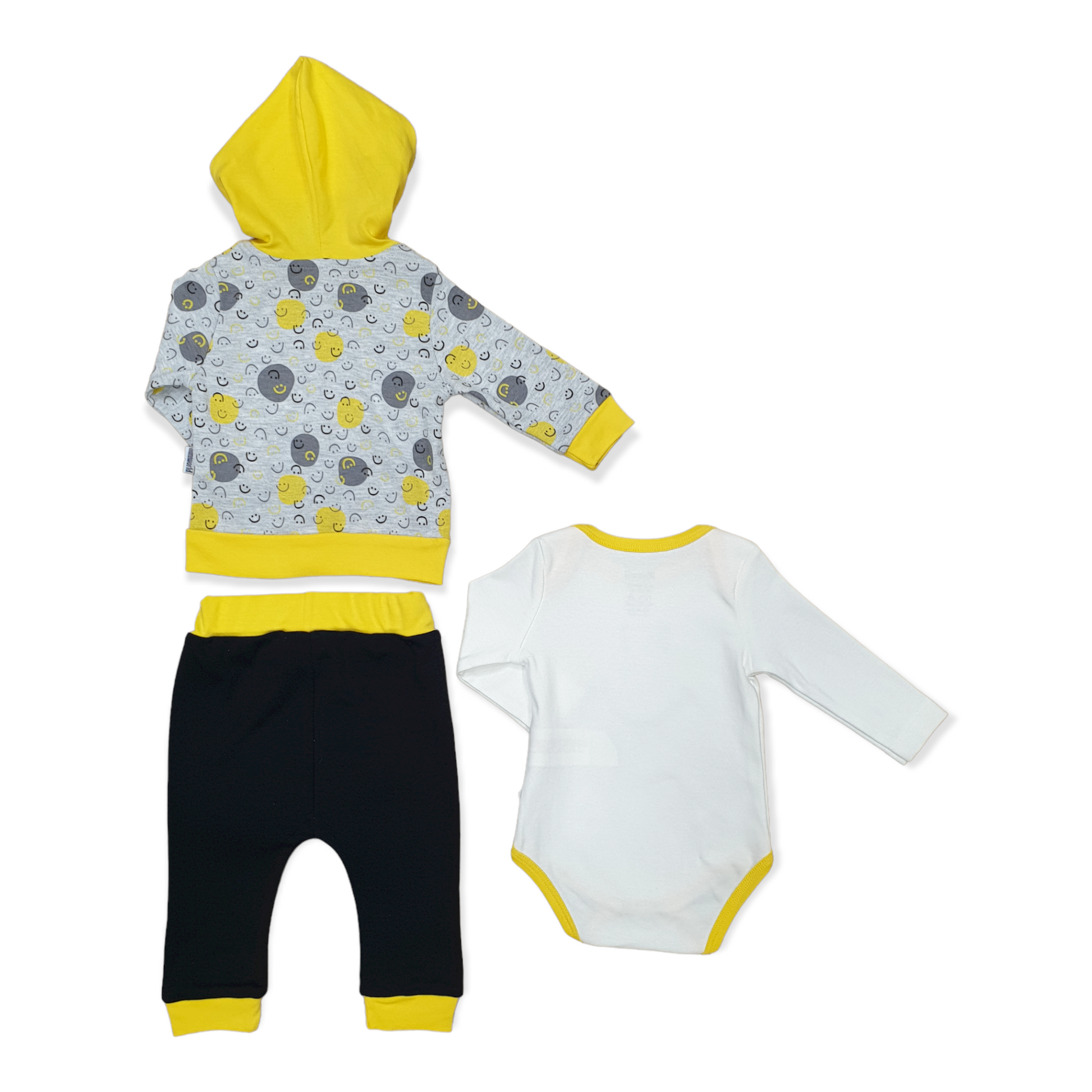 3pcs Smile Company Baby Boy Body with Pants and Jacket-Black, Body, Bodysuit, Boy, catboy, catset3pcs, Creeper, Footless, Girl, Grey, Jacket, Long Sleeve, Onesie, Pants, Smile, Smiley, Smilies, Unisex, White, Yellow-Miniworld-[Too Twee]-[Tootwee]-[baby]-[newborn]-[clothes]-[essentials]-[toys]-[Lebanon]