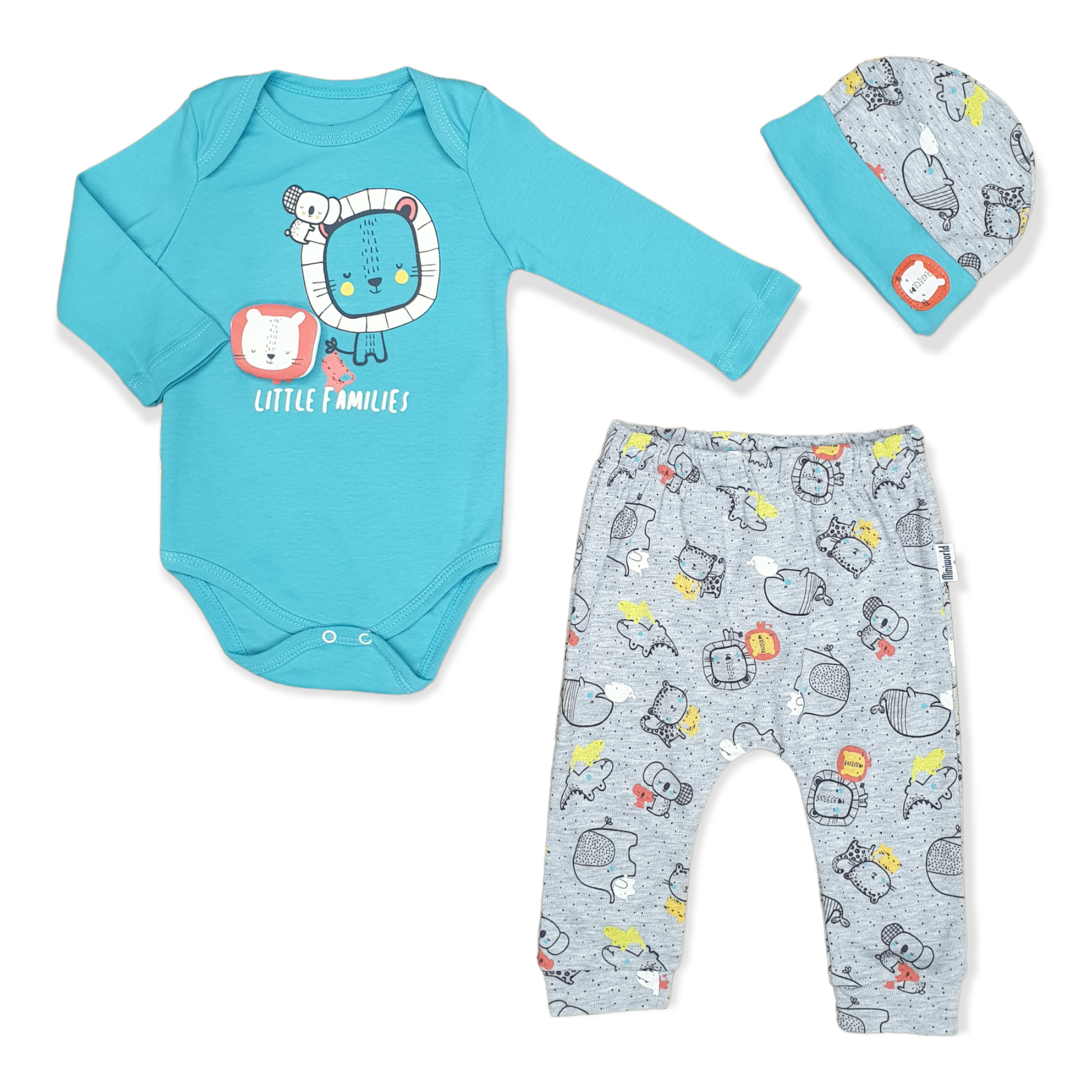 Blue Little Families Unisex Body with Pants and Cap-Animals, Blue, Body, Bodysuit, Boy, Cat, catboy, catgirl, catset3pcs, catunisex, Colors, Creeper, Families, Family, Footless, Girl, Grey, Lion, Long Sleeve, Onesie, Panda, Pants, Tiger, Unisex, Whale-Miniworld-[Too Twee]-[Tootwee]-[baby]-[newborn]-[clothes]-[essentials]-[toys]-[Lebanon]