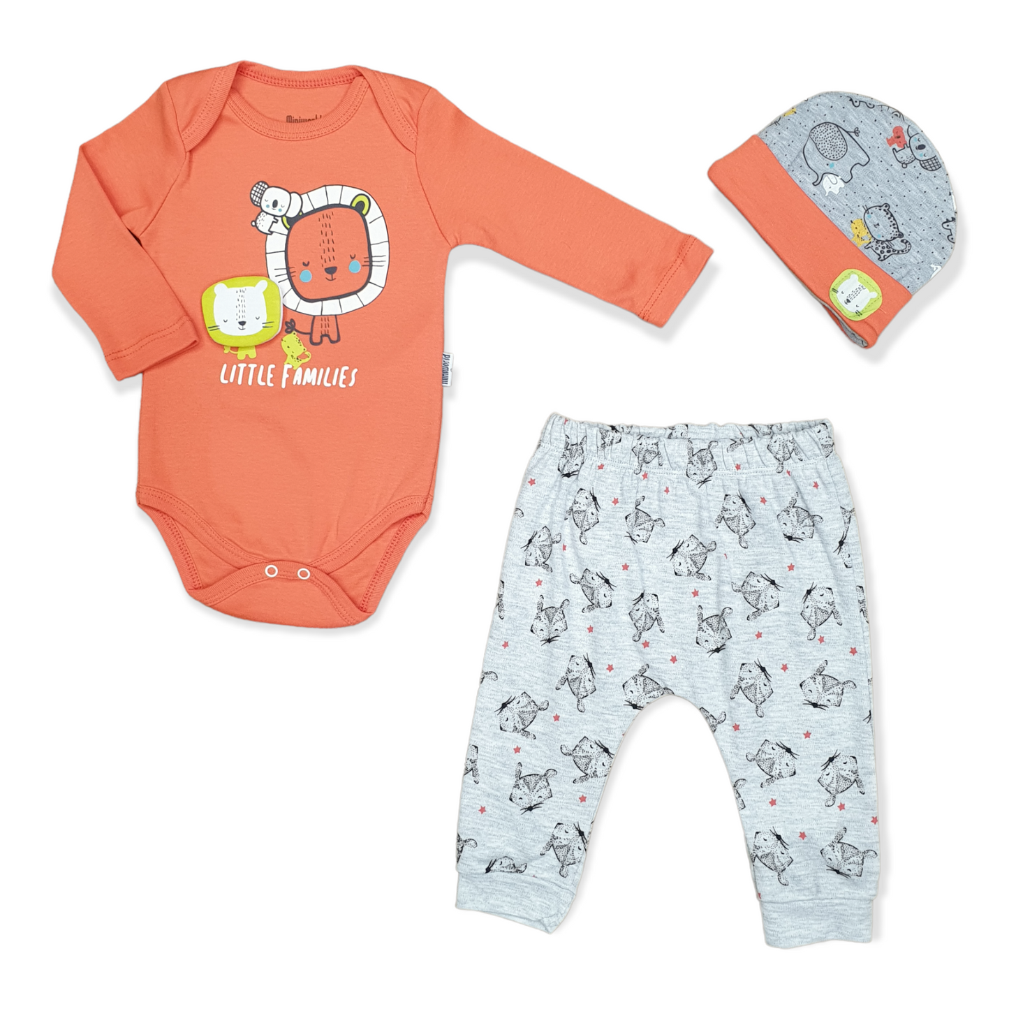 Orange Little Families Unisex Body with Pants and Cap-Animals, Body, Bodysuit, Boy, Cat, catboy, catgirl, catset3pcs, catunisex, Colors, Creeper, Families, Family, Footless, Girl, Grey, Lion, Long Sleeve, Onesie, Orange, Panda, Pants, Tiger, Unisex, Whale-Miniworld-[Too Twee]-[Tootwee]-[baby]-[newborn]-[clothes]-[essentials]-[toys]-[Lebanon]