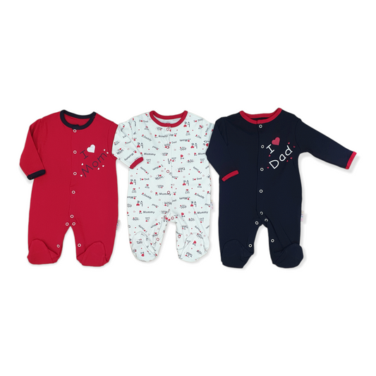 3pcs Family Love Unisex Jumpsuit-Blue, Boy, catboy, catgirl, catunisex, Dad, Family, Footed, Girl, Heart, Hearts, Jumpsuit, Long Sleeve, Love, Mom, Red, Unisex, White-Midirik-[Too Twee]-[Tootwee]-[baby]-[newborn]-[clothes]-[essentials]-[toys]-[Lebanon]