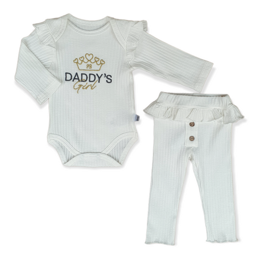 Off-White Daddy's Girl Body with Pants-Body, Bodysuit, catgirl, catset2pcs, Creeper, Crème, Daddy, Ecru, Footless, Girl, Long Sleeve, Off-white, Onesie, Pants, Princess, White-Puan Baby-[Too Twee]-[Tootwee]-[baby]-[newborn]-[clothes]-[essentials]-[toys]-[Lebanon]