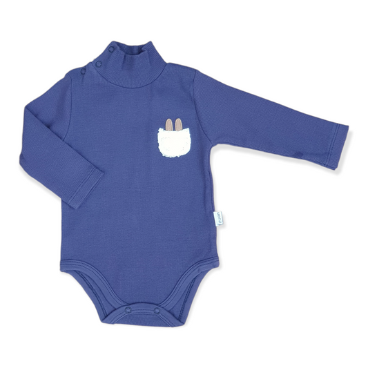 Blue Rabbit Pocket Unisex Body-Blue, Body, Bodysuit, Boy, catboy, catgirl, catunisex, Creeper, Easrs, Girl, Long Sleeve, Onesie, Pocket, Rabbit, Unisex, Wool-Puan Baby-[Too Twee]-[Tootwee]-[baby]-[newborn]-[clothes]-[essentials]-[toys]-[Lebanon]