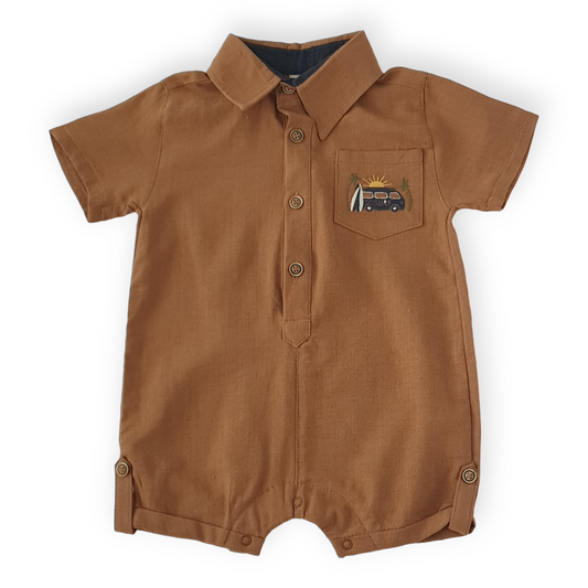 Brown Surfing Romper-Boy, Brown, Catboy, Catromper, Romper, Short sleeve, SS23, Surf-Divonette-[Too Twee]-[Tootwee]-[baby]-[newborn]-[clothes]-[essentials]-[toys]-[Lebanon]