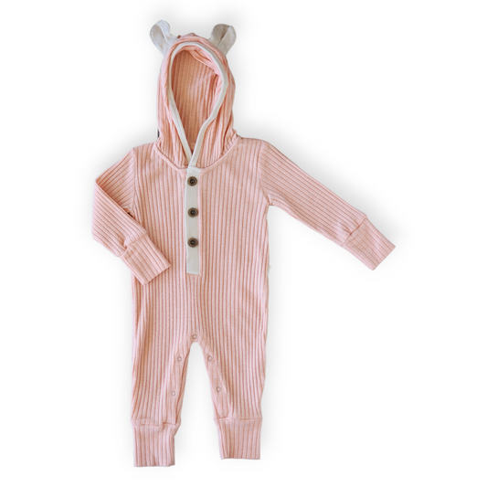 Salmon Basic Jumpsuit with Ears on Hoodie-Basic, Boy, catboy, catgirl, catunisex, Ears, FW23, Girl, Hoodie, Jumpsuit, Long Sleeve, Salmon, Unfooted, Unisex-Divonette-[Too Twee]-[Tootwee]-[baby]-[newborn]-[clothes]-[essentials]-[toys]-[Lebanon]