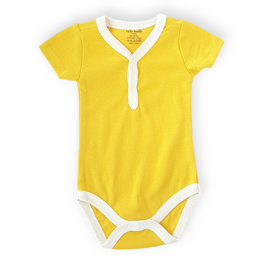 Basic Yellow Unisex Body-Basic, Body, Bodysuit, Boy, Catboy, Catgirl, Catunisex, Creeper, Girl, Onesie, Plain, Short Sleeve, Simple, SS23, Yellow-Fuar Baby-[Too Twee]-[Tootwee]-[baby]-[newborn]-[clothes]-[essentials]-[toys]-[Lebanon]