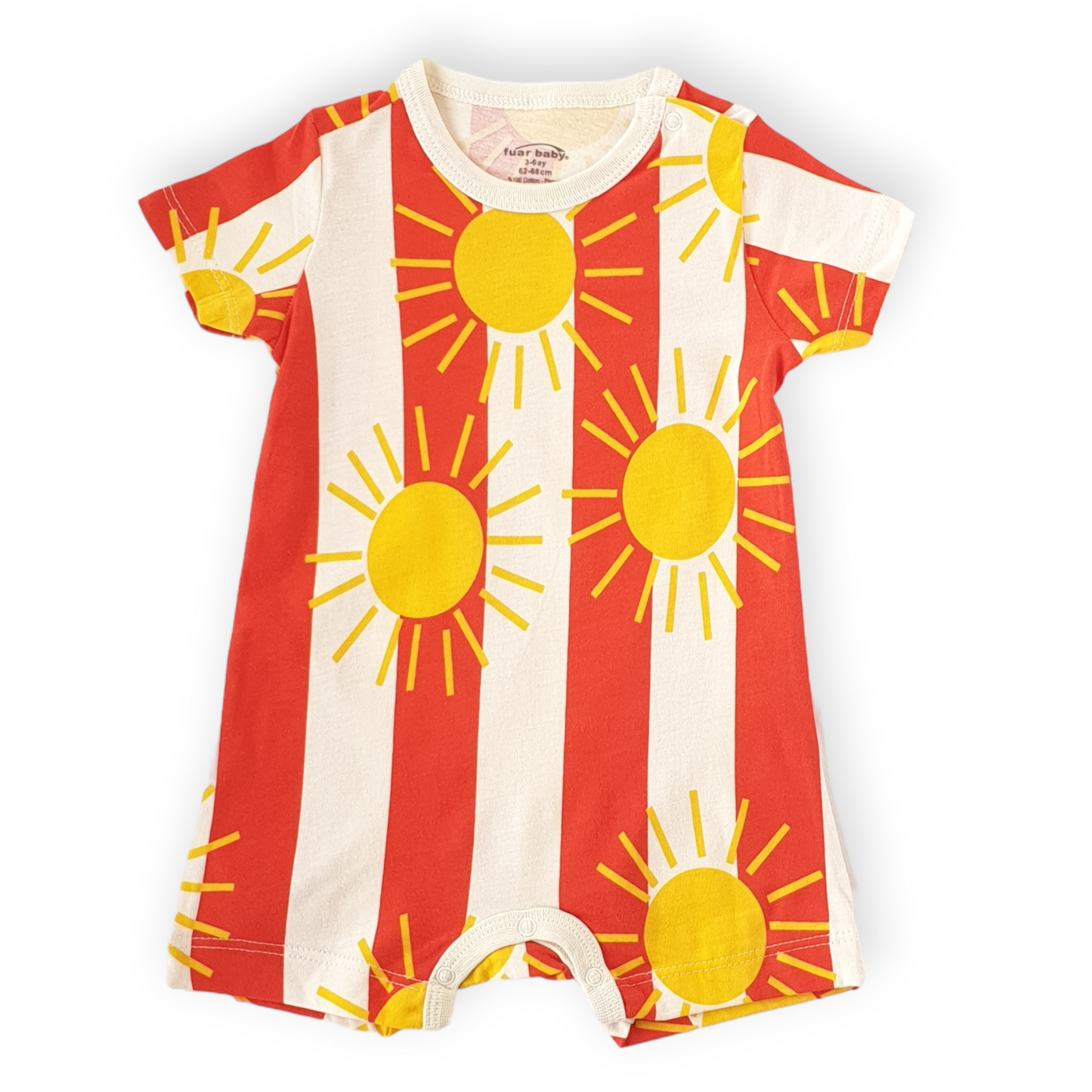 Sun and Stripes Unisex Romper-Boy, Catboy, Catgirl, Catromper, Catunisex, Girl, Orange, Romper, Short Sleeve, SS23, Stripes, Summer, Sun, White-Fuar Baby-[Too Twee]-[Tootwee]-[baby]-[newborn]-[clothes]-[essentials]-[toys]-[Lebanon]