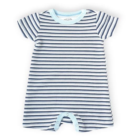 Grey Navy White Striped Unisex Romper-Blue, Boy, Catboy, Catgirl, Catromper, Catunisex, Girl, Grey, Navy, Romper, Short Sleeve, SS23, Striped, White-Fuar Baby-[Too Twee]-[Tootwee]-[baby]-[newborn]-[clothes]-[essentials]-[toys]-[Lebanon]