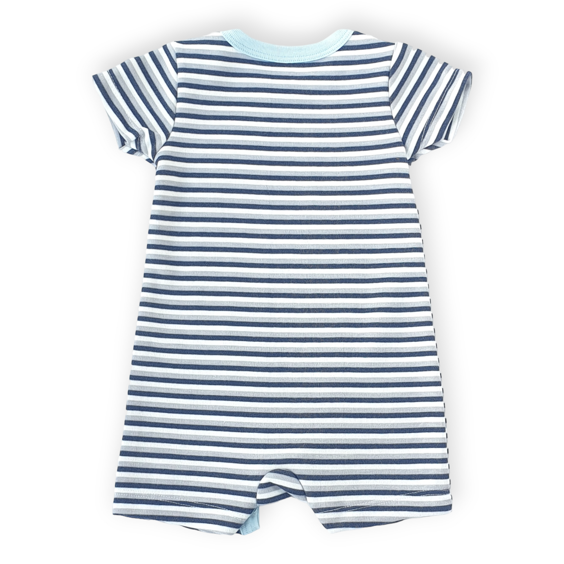 Grey Navy White Striped Unisex Romper-Blue, Boy, Catboy, Catgirl, Catromper, Catunisex, Girl, Grey, Navy, Romper, Short Sleeve, SS23, Striped, White-Fuar Baby-[Too Twee]-[Tootwee]-[baby]-[newborn]-[clothes]-[essentials]-[toys]-[Lebanon]