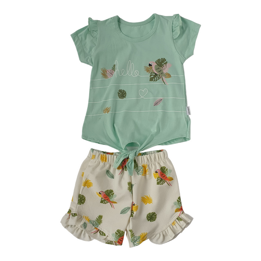Hello Parrot Green Baby Girl Set-Bird, Catgirl, Catset2pcs, Girl, Green, Parrot, Rainbow, Set, Shorts, Sleeveless, SS23, Top-Minice-[Too Twee]-[Tootwee]-[baby]-[newborn]-[clothes]-[essentials]-[toys]-[Lebanon]
