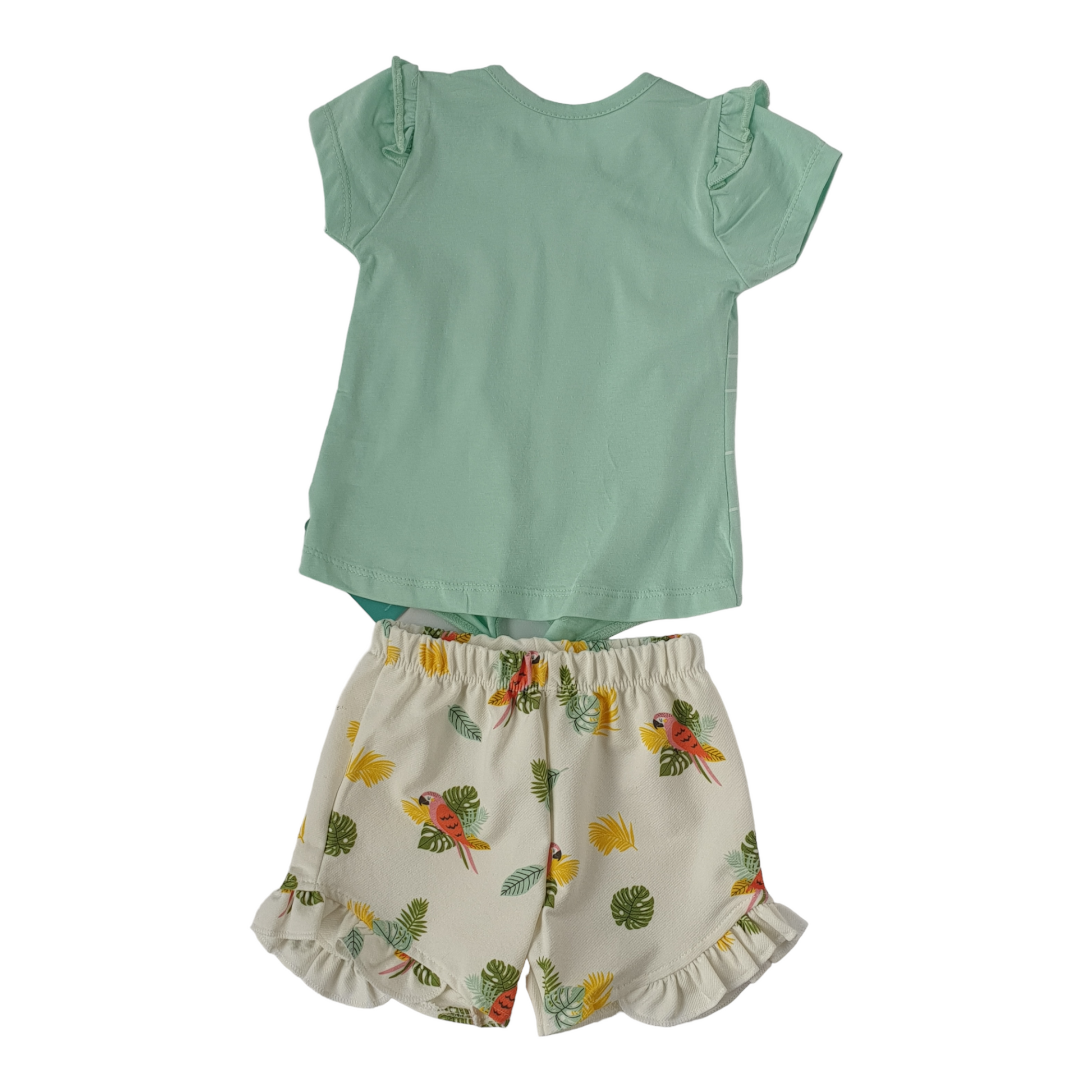 Hello Parrot Green Baby Girl Set-Bird, Catgirl, Catset2pcs, Girl, Green, Parrot, Rainbow, Set, Shorts, Sleeveless, SS23, Top-Minice-[Too Twee]-[Tootwee]-[baby]-[newborn]-[clothes]-[essentials]-[toys]-[Lebanon]