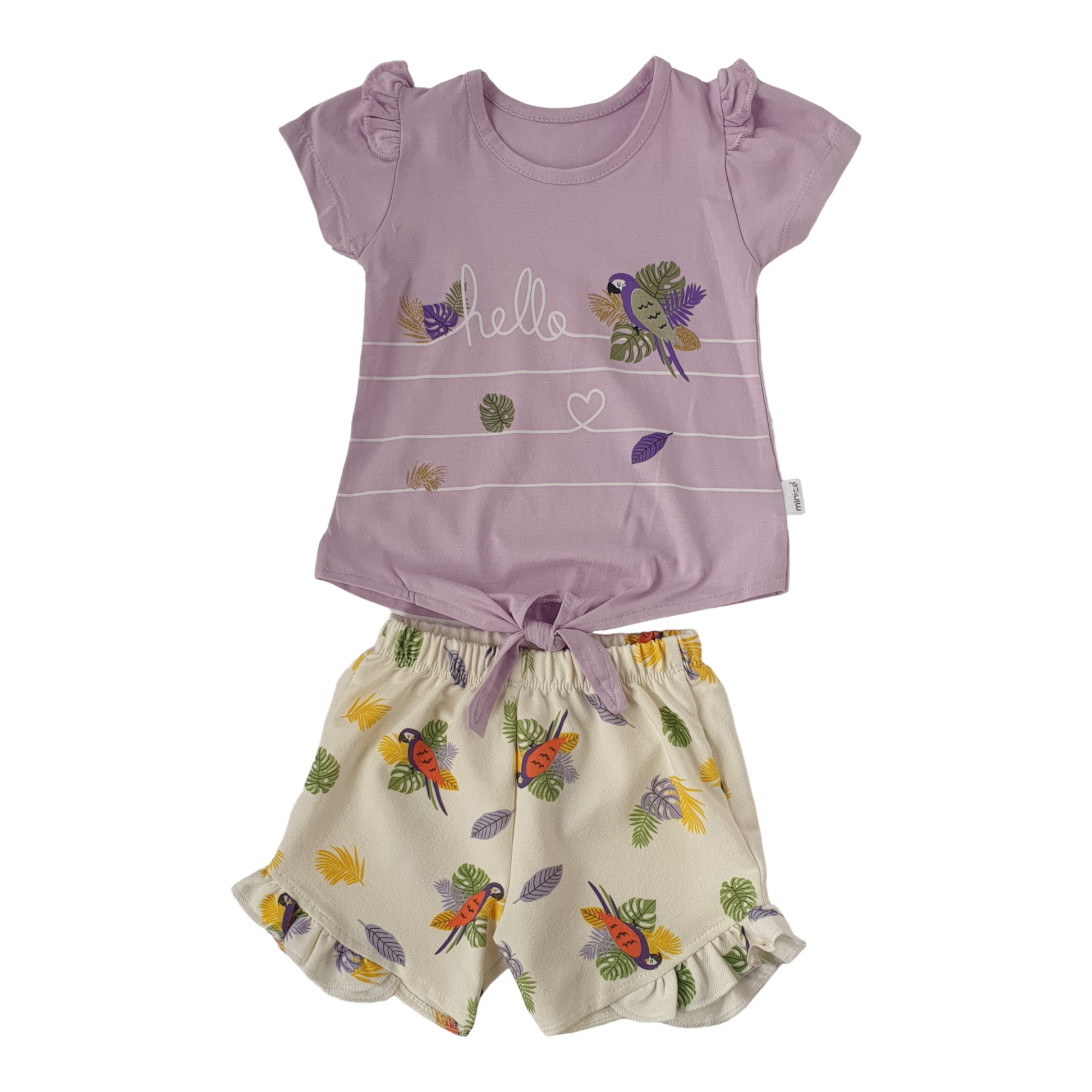 Hello Parrot Purple Baby Girl Set-Bird, Catgirl, Catset2pcs, Girl, Parrot, Purple, Rainbow, Set, Shorts, Sleeveless, SS23, Top-Minice-[Too Twee]-[Tootwee]-[baby]-[newborn]-[clothes]-[essentials]-[toys]-[Lebanon]
