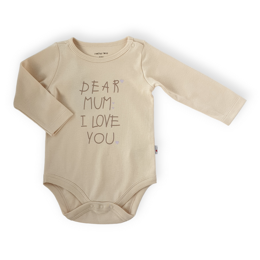 Organic Cotton Dear Mom I Love You Body-Basic, Beige, Body, Bodysuit, Boy, Catboy, Catgirl, Catunisex, Creeper, Girl, Long sleeve, Onesie, Plain, Simple, SS23-Mother Love-[Too Twee]-[Tootwee]-[baby]-[newborn]-[clothes]-[essentials]-[toys]-[Lebanon]