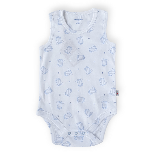 Organic Cotton No83 Body-Blue, Body, Bodysuit, Boy, Catboy, Catgirl, Catunisex, Creeper, Girl, Onesie, Sleeveless, SS23, White-Mother Love-[Too Twee]-[Tootwee]-[baby]-[newborn]-[clothes]-[essentials]-[toys]-[Lebanon]