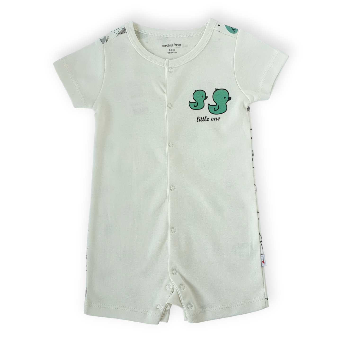 Little One Green Duck Romper-Boy, Catboy, Catgirl, Catromper, Catunisex, Duck, Girl, Green, Romper, Short sleeve, SS23, White-Mother Love-[Too Twee]-[Tootwee]-[baby]-[newborn]-[clothes]-[essentials]-[toys]-[Lebanon]