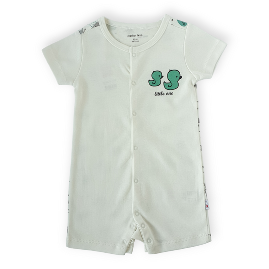 Little One Green Duck Romper-Boy, Catboy, Catgirl, Catromper, Catunisex, Duck, Girl, Green, Romper, Short sleeve, SS23, White-Mother Love-[Too Twee]-[Tootwee]-[baby]-[newborn]-[clothes]-[essentials]-[toys]-[Lebanon]