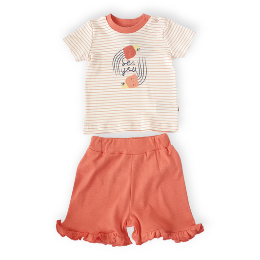 Organic Cotton Sea You Striped Set-Catgirl, Catset2pcs, Girl, Pink, Sea, Set, Short sleeve, Shorts, SS23, Striped, Top-Mother Love-[Too Twee]-[Tootwee]-[baby]-[newborn]-[clothes]-[essentials]-[toys]-[Lebanon]