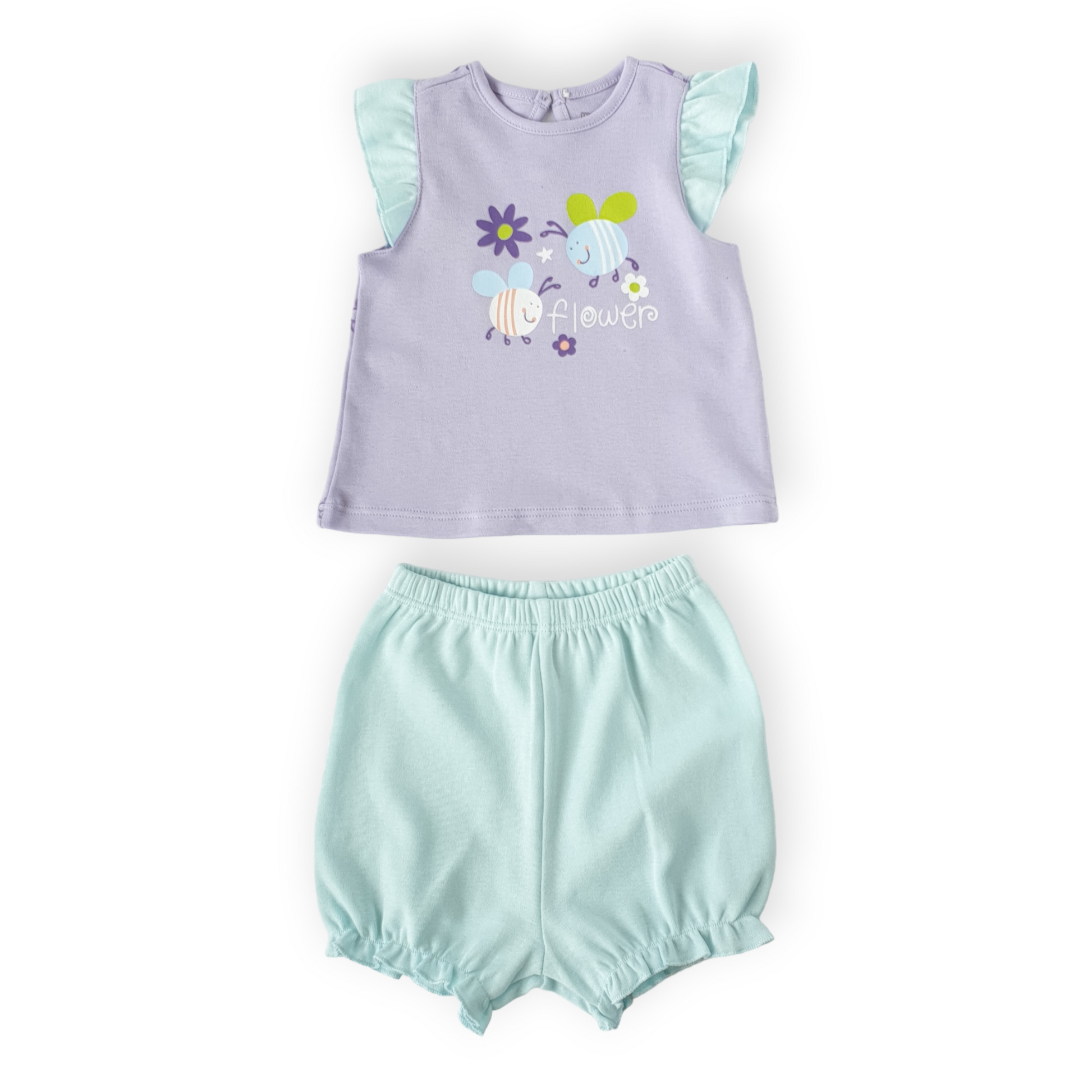 Bees and Flowers Baby Girl Set-Bee, Blue, Catgirl, Catset2pcs, Flower, Girl, Purple, Set, Short sleeve, Shorts, SS23, Top-Mother Love-[Too Twee]-[Tootwee]-[baby]-[newborn]-[clothes]-[essentials]-[toys]-[Lebanon]