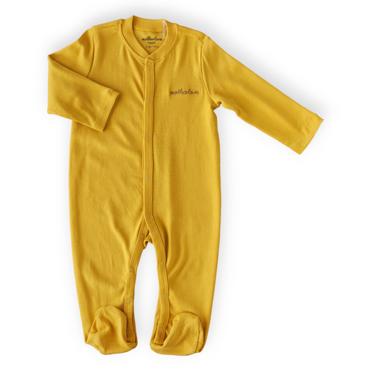 Organic Cotton Basic Mustard Jumpsuit-Basic, Boy, catboy, catgirl, catunisex, Footed, FW23, Girl, Jumpsuit, Long sleeve, Mustard, Overall, Unisex, Yellow-Mother Love-[Too Twee]-[Tootwee]-[baby]-[newborn]-[clothes]-[essentials]-[toys]-[Lebanon]