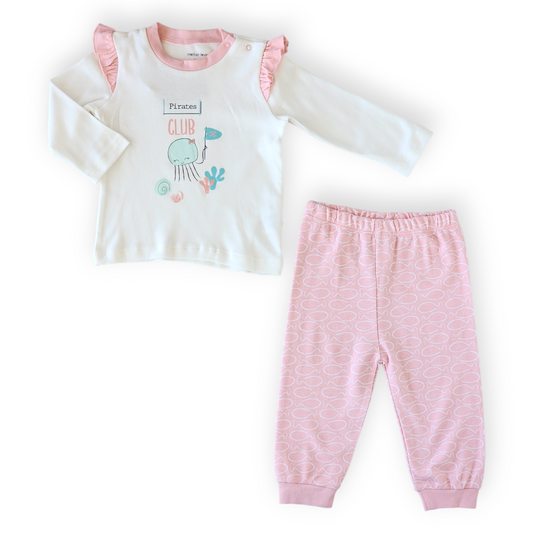 Organic Cotton Pirates Club Pink Set-catgirl, catset2pcs, Club, FW23, Girl, Long sleeve, Pink, Pirats, Salmon, Sea, Set-Mother Love-[Too Twee]-[Tootwee]-[baby]-[newborn]-[clothes]-[essentials]-[toys]-[Lebanon]