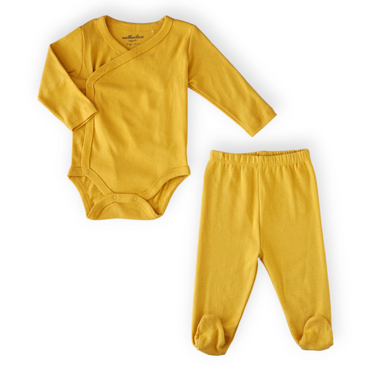 Organic Cotton Basic Mustard Wrapover Baby Set-Basic, Body, Bodysuit, Boy, catboy, catgirl, catset2pcs, catunisex, Creeper, FW23, Girl, Long sleeve, Mustard, Onesie, Pants, Set, Unisex, Wrapover, Yellow-Mother Love-[Too Twee]-[Tootwee]-[baby]-[newborn]-[clothes]-[essentials]-[toys]-[Lebanon]