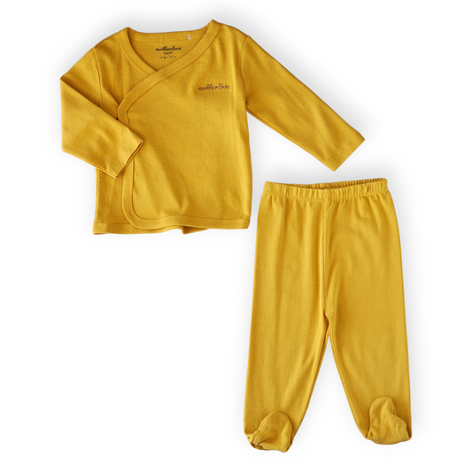 Organic Cotton Basic Mustard Wrapover Set-Basic, Body, Bodysuit, Boy, catboy, catgirl, catset2pcs, catunisex, Creeper, FW23, Girl, Long sleeve, Mustard, Onesie, Pants, Set, Unisex, Wrapover, Yellow-Mother Love-[Too Twee]-[Tootwee]-[baby]-[newborn]-[clothes]-[essentials]-[toys]-[Lebanon]