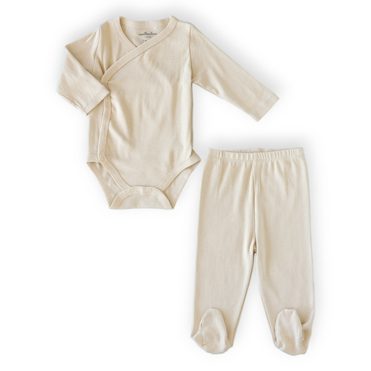 Organic Cotton Basic Beige Wrapover Set-Basic, Beige, Body, Bodysuit, Boy, Brown, catboy, catgirl, catset2pcs, catunisex, Creeper, FW23, Girl, Long sleeve, Onesie, Pants, Set, Unisex, Wrapover-Mother Love-[Too Twee]-[Tootwee]-[baby]-[newborn]-[clothes]-[essentials]-[toys]-[Lebanon]