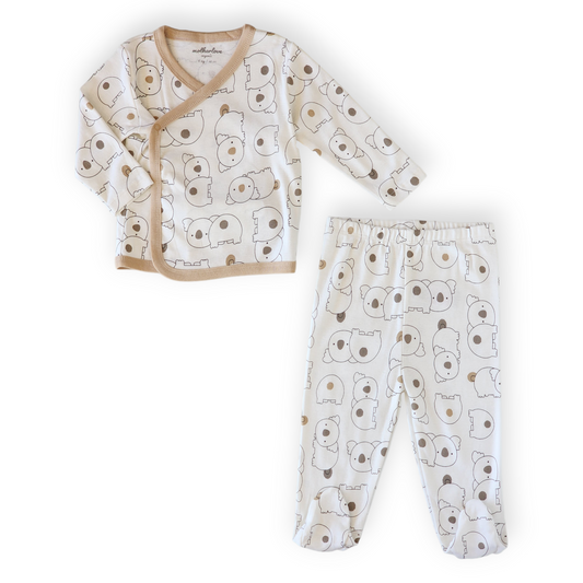 Organic Cotton Wrapover Koala Set-Bear, Beige, Body, Bodysuit, Boy, catboy, catset2pcs, Creeper, FW23, Koala, Long sleeve, Onesie, Pants, Set, White, Wrapover-Mother Love-[Too Twee]-[Tootwee]-[baby]-[newborn]-[clothes]-[essentials]-[toys]-[Lebanon]