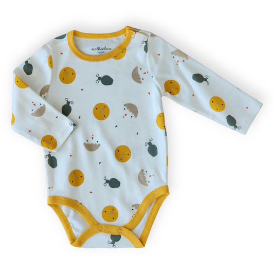 Organic Cotton Colorful Faces Body-Body, Bodysuit, Boy, catboy, catgirl, catunisex, Creeper, Faces, FW23, Girl, Long sleeve, Onesie, Unisex, White, Yellow-Mother Love-[Too Twee]-[Tootwee]-[baby]-[newborn]-[clothes]-[essentials]-[toys]-[Lebanon]