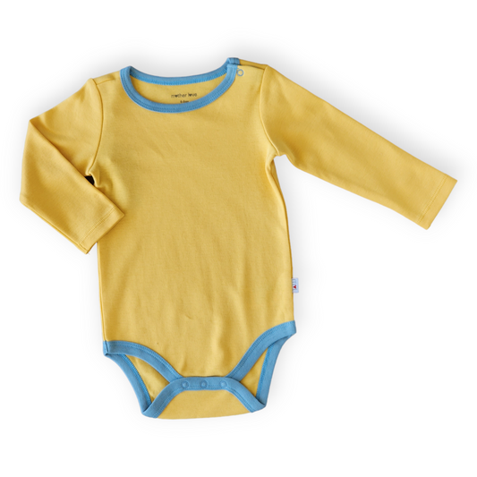 Organic Cotton Yellow and Blue Basic Body-Basic, Beige, Blue, Body, Bodysuit, Boy, catboy, Creeper, FW23, Long sleeve, Onesie, Yellow-Mother Love-[Too Twee]-[Tootwee]-[baby]-[newborn]-[clothes]-[essentials]-[toys]-[Lebanon]