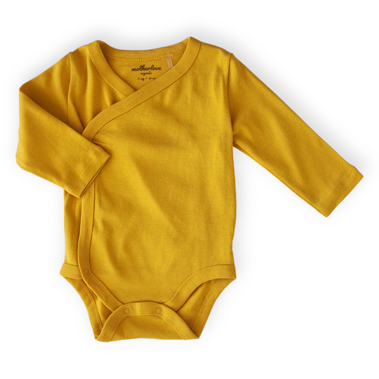 Organic Cotton Basic Mustard Wrapover Body-Basic, Body, Bodysuit, Boy, catboy, catgirl, catunisex, Creeper, FW23, Girl, Long sleeve, Mustard, Onesie, Unisex, Wrapover-Mother Love-[Too Twee]-[Tootwee]-[baby]-[newborn]-[clothes]-[essentials]-[toys]-[Lebanon]