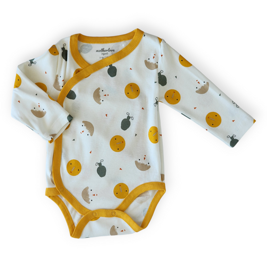 Organic Cotton Colorful Faces Wrapover Body-Body, Bodysuit, Boy, catboy, catgirl, catunisex, Colorful, Creeper, Faces, FW23, Girl, Long sleeve, Mustard, Onesie, Unisex, White, Wrapover, Yellow-Mother Love-[Too Twee]-[Tootwee]-[baby]-[newborn]-[clothes]-[essentials]-[toys]-[Lebanon]