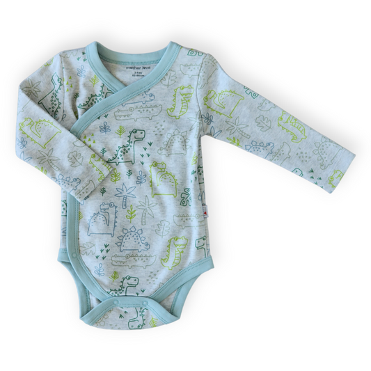 Organic Cotton Dinosaurs Wrapover Body-Body, Bodysuit, Boy, catboy, Creeper, Cyan, Dino, Dinosaur, Dinosaurs, FW23, Grey, Long sleeve, Onesie, Wrapover-Mother Love-[Too Twee]-[Tootwee]-[baby]-[newborn]-[clothes]-[essentials]-[toys]-[Lebanon]