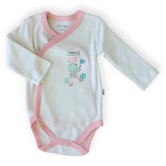 Organic Cotton Pink Pirates Club Wrapover Body-Body, Bodysuit, catgirl, Club, Creeper, FW23, Girl, Long sleeve, Onesie, Pink, Pirates, White, Wrapover-Mother Love-[Too Twee]-[Tootwee]-[baby]-[newborn]-[clothes]-[essentials]-[toys]-[Lebanon]