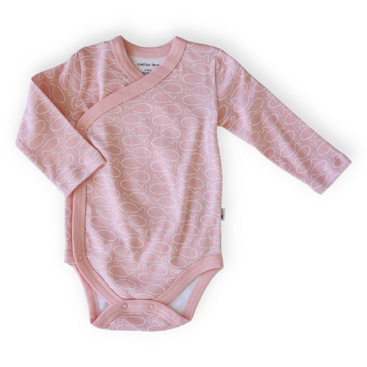 Organic Cotton Fish Pattern Wrapover Body-Body, Bodysuit, catgirl, Creeper, Fish, FW23, Girl, Long sleeve, Onesie, Pink, Wrapover-Mother Love-[Too Twee]-[Tootwee]-[baby]-[newborn]-[clothes]-[essentials]-[toys]-[Lebanon]