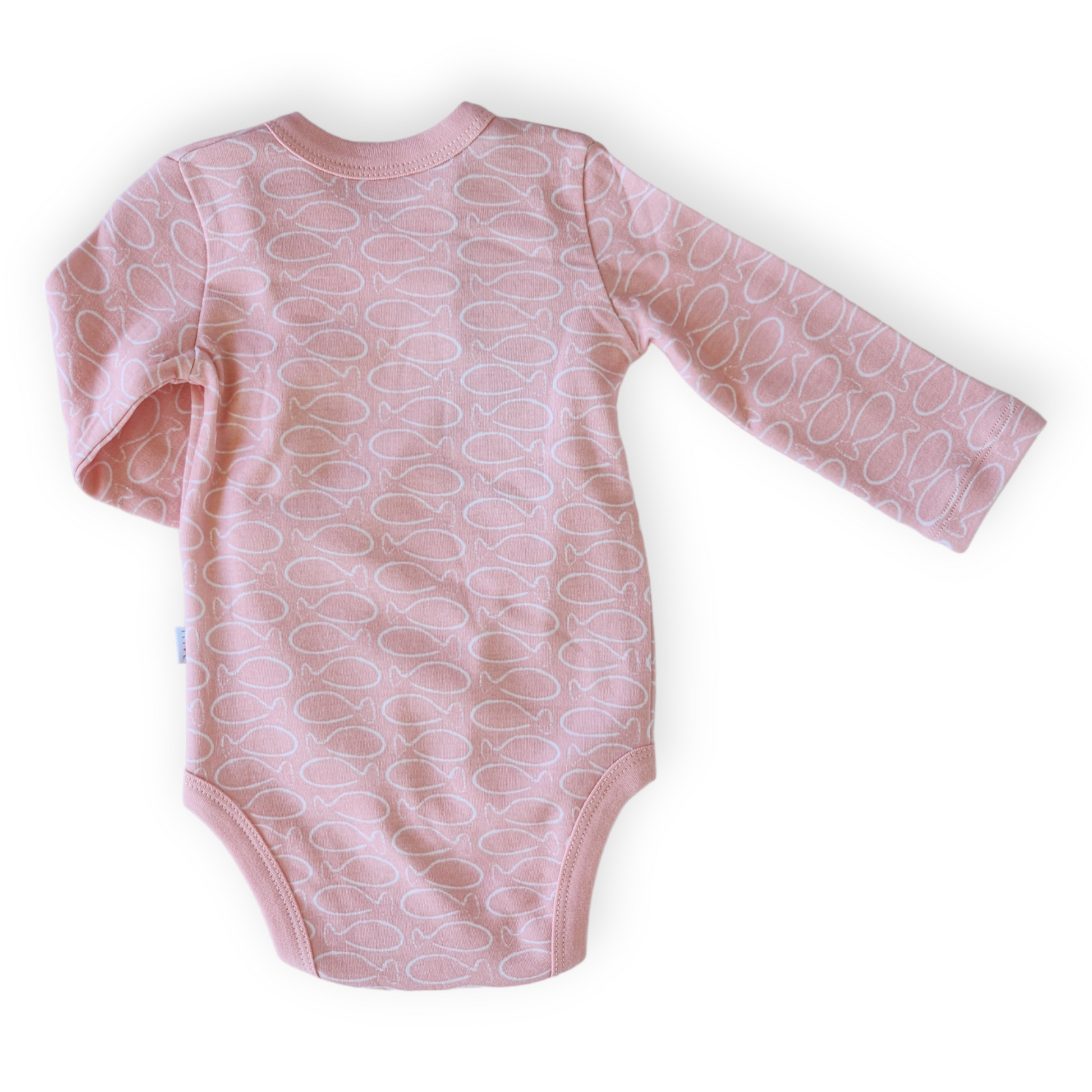Organic Cotton Fish Pattern Wrapover Body-Body, Bodysuit, catgirl, Creeper, Fish, FW23, Girl, Long sleeve, Onesie, Pink, Wrapover-Mother Love-[Too Twee]-[Tootwee]-[baby]-[newborn]-[clothes]-[essentials]-[toys]-[Lebanon]