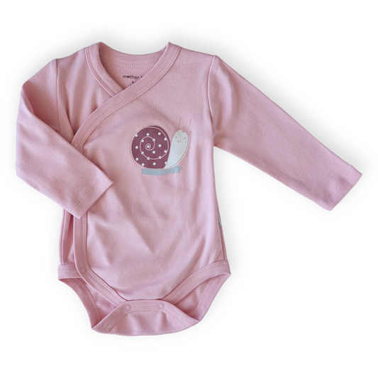 Organic Cotton Smiley Snail Wrapover Body-Body, Bodysuit, catgirl, Creeper, FW23, Girl, Long sleeve, Onesie, Pink, Purple, Smile, Snail, Wrapover-Mother Love-[Too Twee]-[Tootwee]-[baby]-[newborn]-[clothes]-[essentials]-[toys]-[Lebanon]
